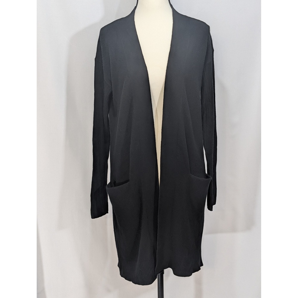 Theory Black 100% Cashmere Open Front Cardigan Rib‎ Sleeves Pockets Petite